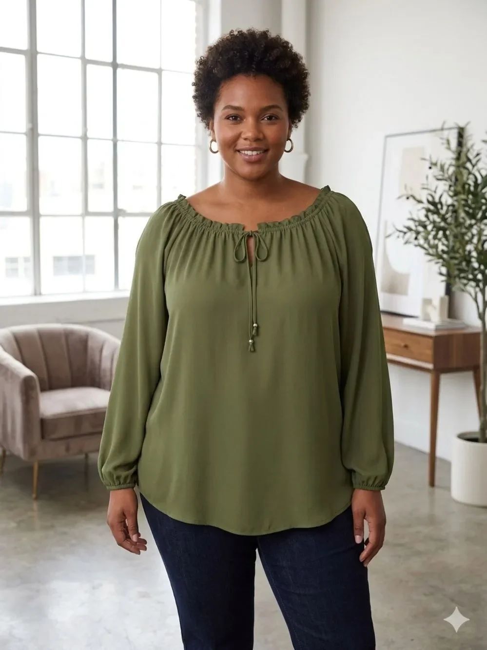 Take 50% OFF-Notations Olive Green Off-Shoulder Peasanty Blouse, Size-1X